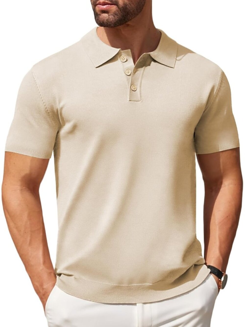 Mens Light Khaki knit Polo Shirts Casual Short Sleeve Button Down Golf Tee Class